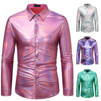 Men Disco Shirt Shiny Golden Sequin Metallic Dress Shirt Lapel Long Sleeve Button Down Party Shirt Stage Costume