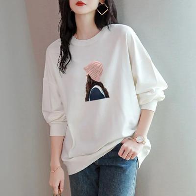 Commuter Women's  Casual Loose Spring Autumn Round Neck Tops Clothing Pullover Large Size Loose Lazy Style Casual All-match Printed Long-sleeved Top