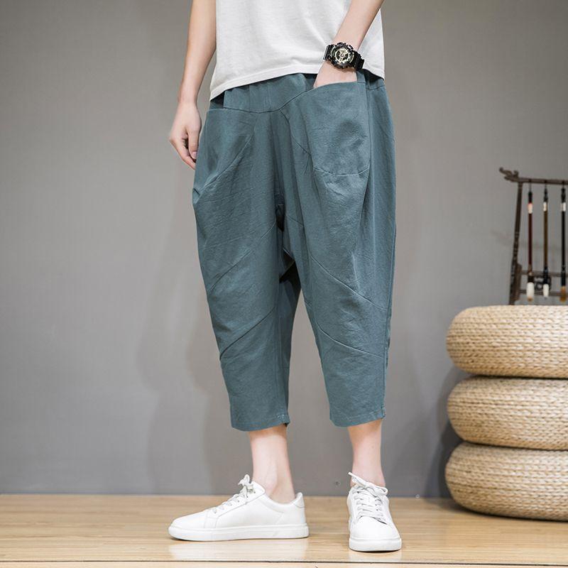 Men's Summer Loose Thin Chinese Style Linen Seven-Point Plus Size Wide-Leg Casual Harem Cotton-Linen Carrot Pants