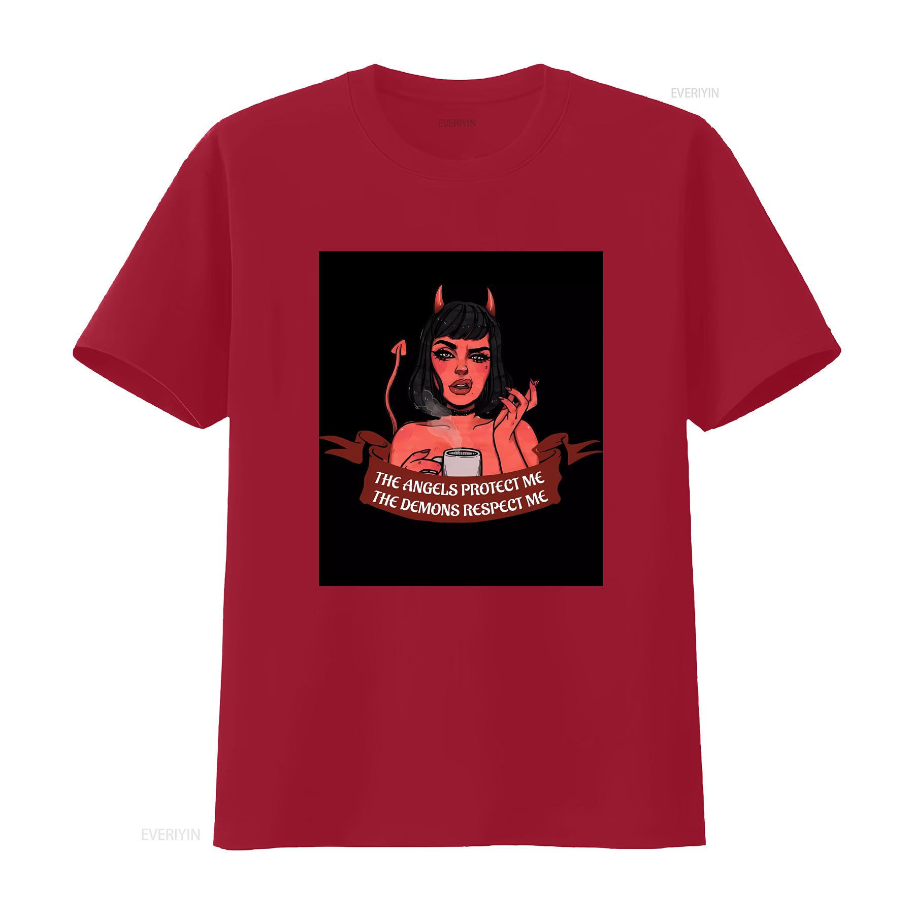 Angels Protect Me Demons Respect T Shirt Baggy Boyfriend 2601 vintage Washed Casual streetwear Stretched Breathable S