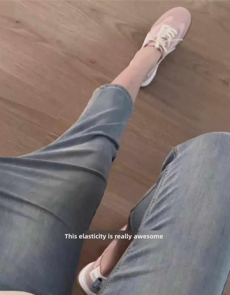 Women's High Waist Plus Size Elastic Cropped Jeans - Autumn Style, Slim Straight Cut.