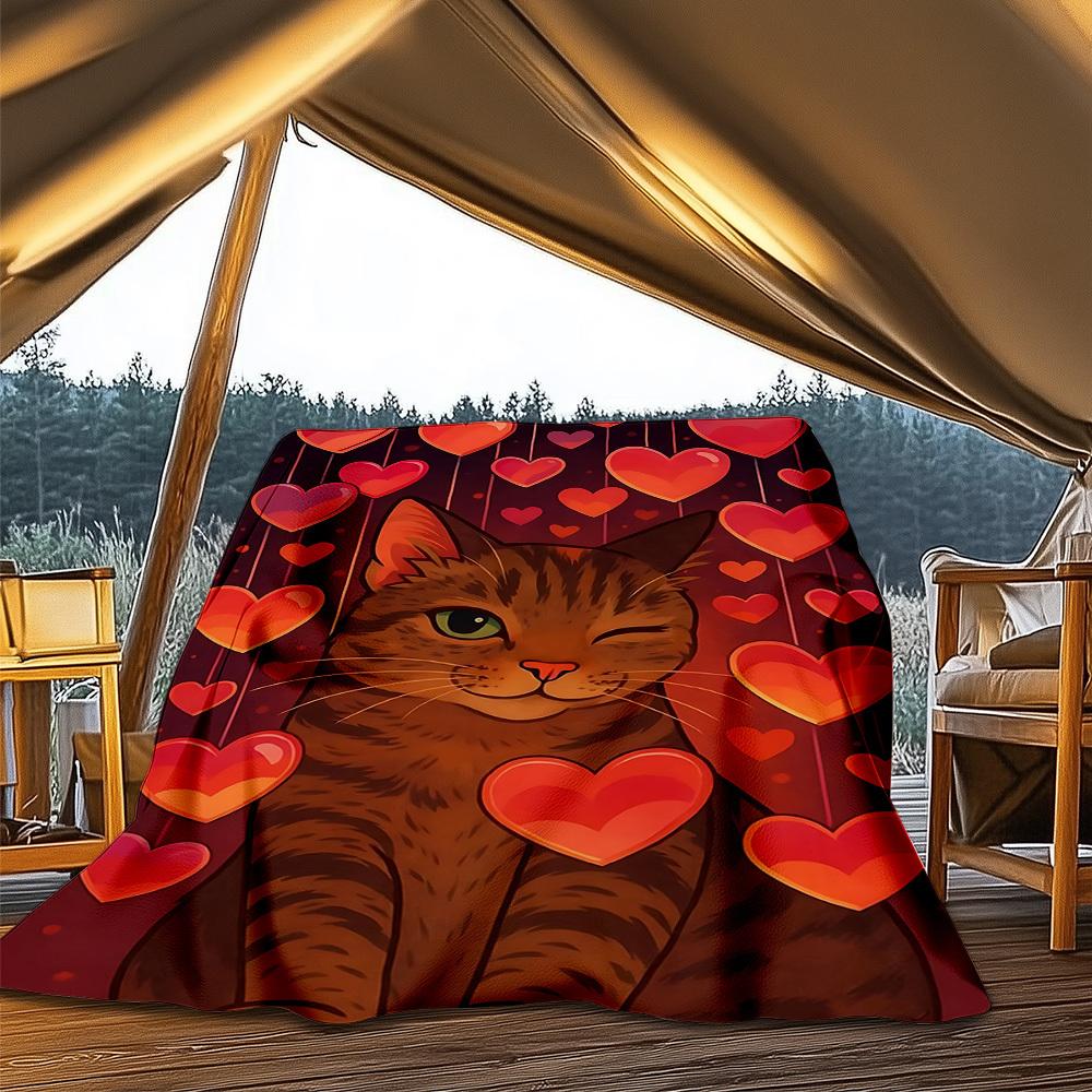 1pc Heart Cat Print Outdoor Flannel Blanket , Machine Washable Perfect Gift for Birthday , Holiday Travel Accessory , Durable Material