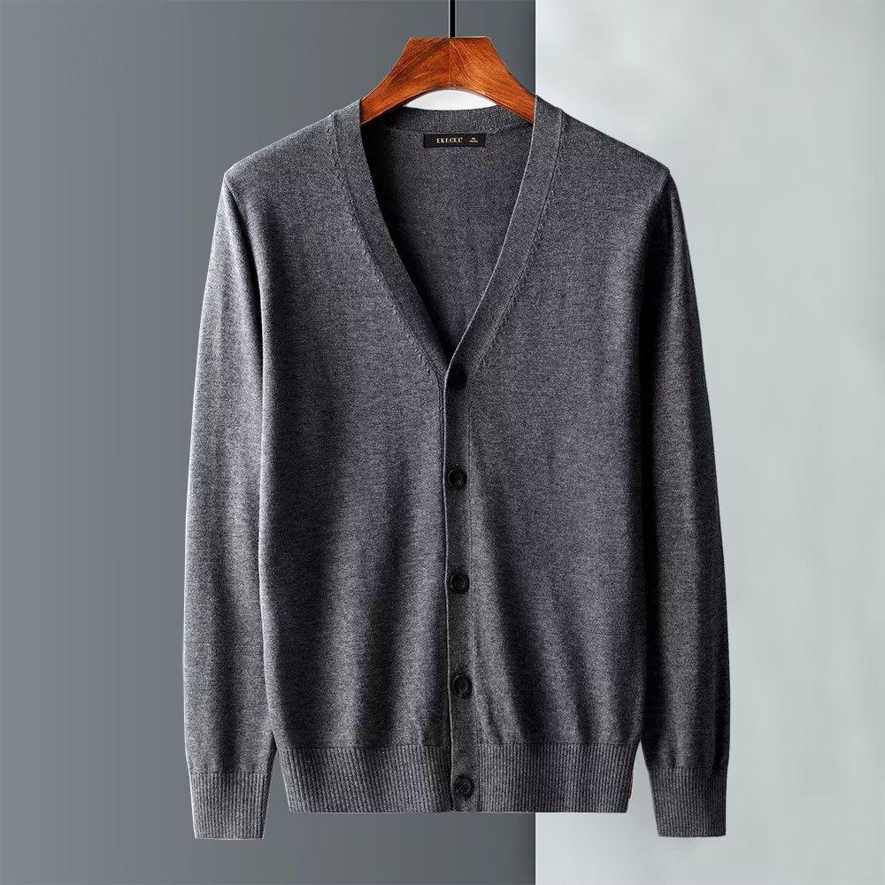 Men's V-Neck Knitted Cardigan - Business Casual Solid Sweater Jacket for Spring & Autumn.