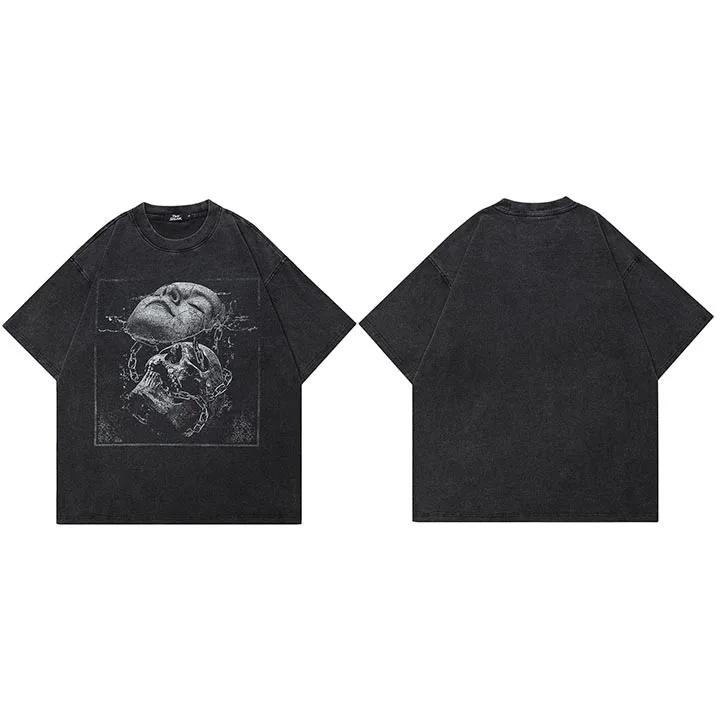 

Hip Hop Streetwear Retro Washed Black TShirt Men Cracked Face Skull Graphic T Shirt Cotton Tshirt Harajuku Tops Tee Unisex S