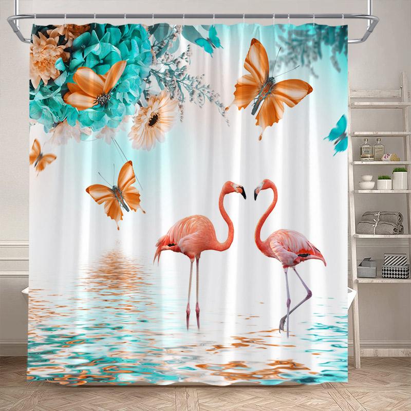 Shower Curtain, Tropical Flamingo Jungle Waterproof Polyester Bathroom Curtain With Hooks, Palm Tree Lotus Flower Decor Bath Cur