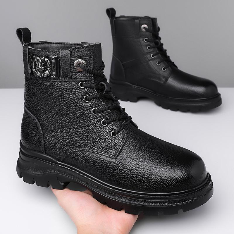 Fashion Cow Leather Winter Warm Wool Platform Boots for Men Fashion Casual Metal Designer High Top Work Shoes Male Black Ankle Boots