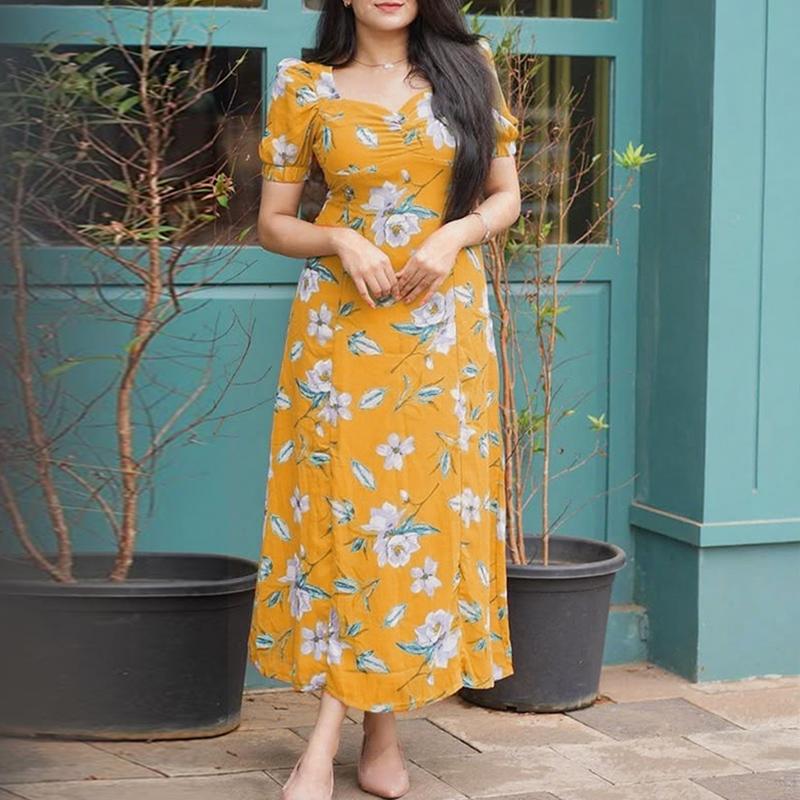 

ZANZEA Женское повседневное летнее платье с квадратным вырезом, коротким рукавом и цветочным принтом 5XL жёлтый