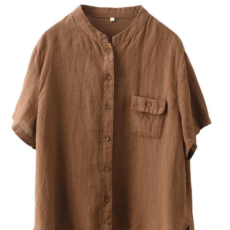 1116 linen shirt women's fried color stand-up collar short-sleeved shirt jumper casual top