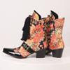 2025 Plus Size Peacock Printed Floral Fabric Patchwork Patent Leather Lace Up Women's Short Boots Belt Buckle Flower Ankle Boots