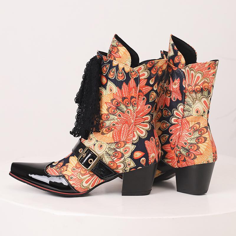 2025 Plus Size Peacock Printed Floral Fabric Patchwork Patent Leather Lace Up Women's Short Boots Belt Buckle Flower Ankle Boots