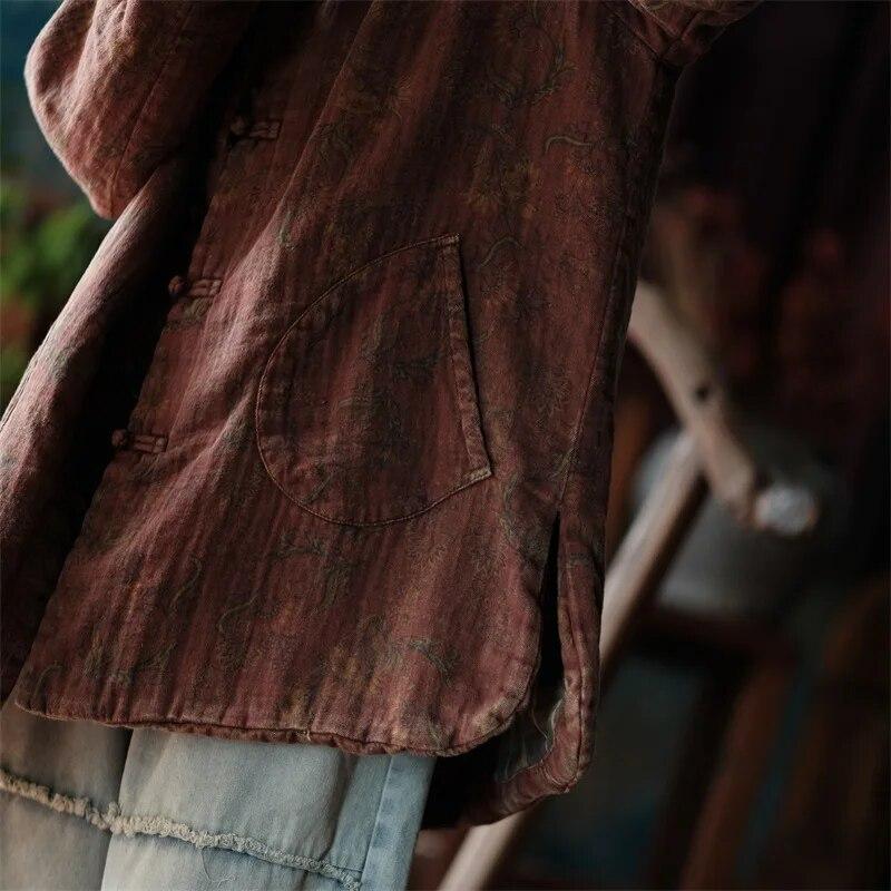 Johnature femei vintage din bumbac parkas calde cu mâneci lungi cu nasturi paltoane de iarnă cu imprimeu buzunare florale parkas pentru femei