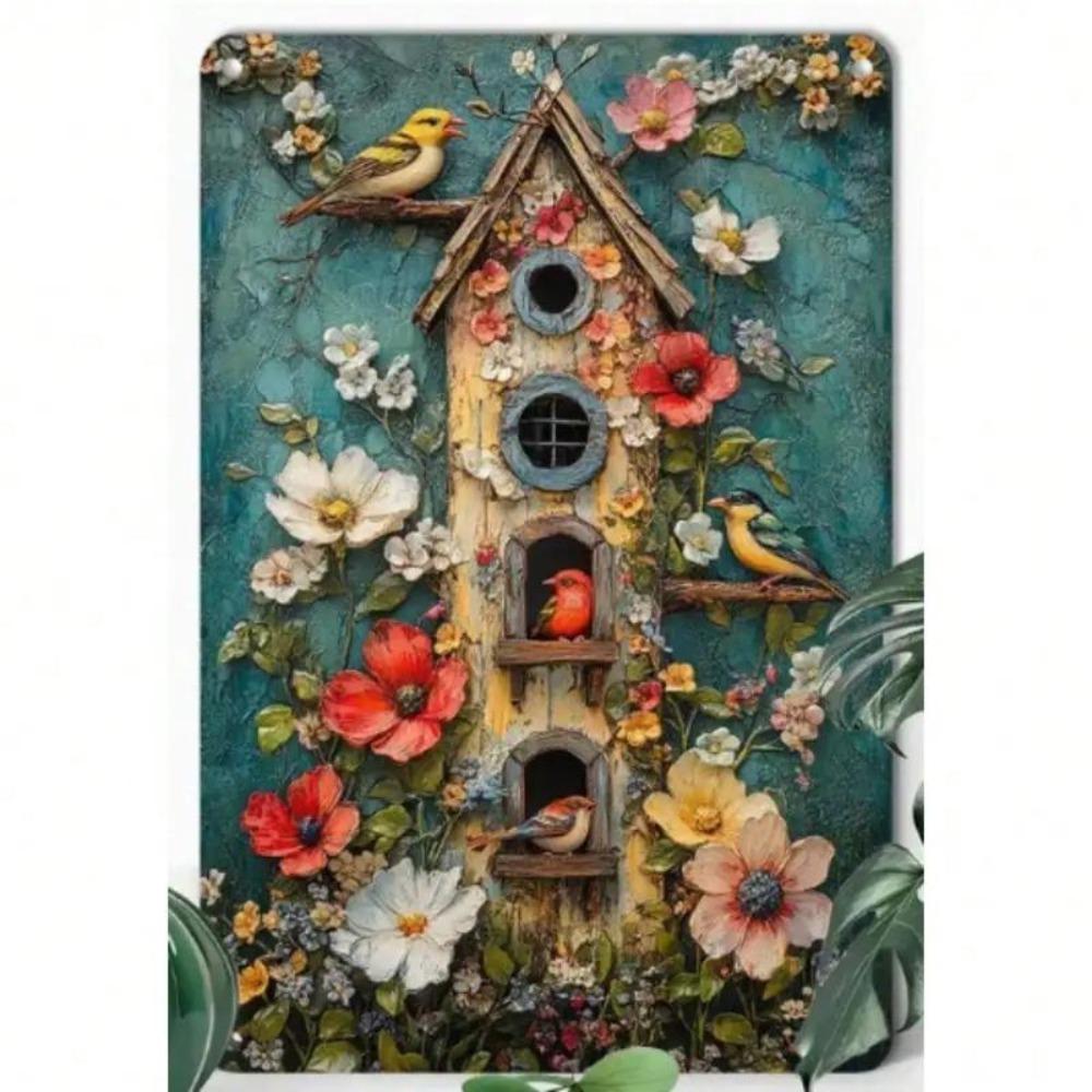 Décoration Murale Nid d'Oiseau 3D Art Métallique Floral Vintage Panneau de Jardin Ferme