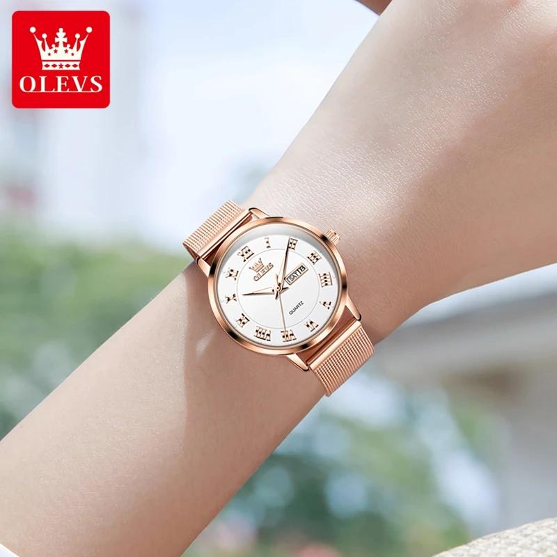 OLEVS Wasserdichte Quarzuhr für Frauen mit Doppelkalender, Milanese-Stahlarmband, Damen-Handuhr, luxuriöse Original-Kleideruhren