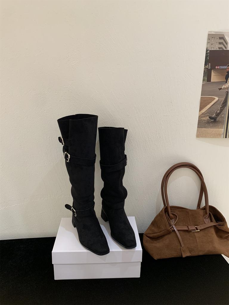 2025 Autumn and Winter Western Skinny Long Knight Boots Khaki High Heel Suede Pile Medium Boots Women's Boots