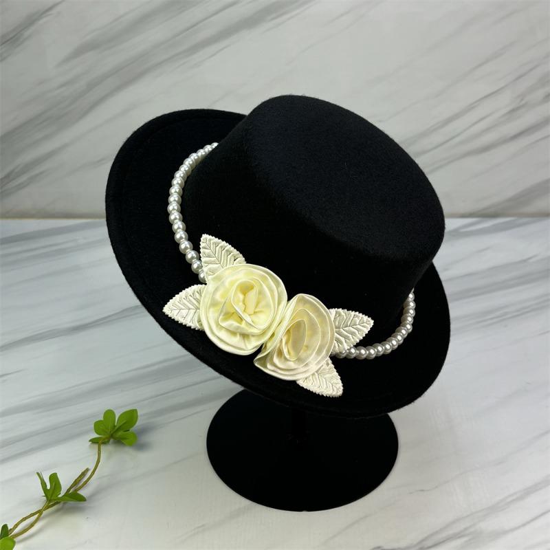 Elegant Pearl Flower Bridal Flat Top Hat For Lady
