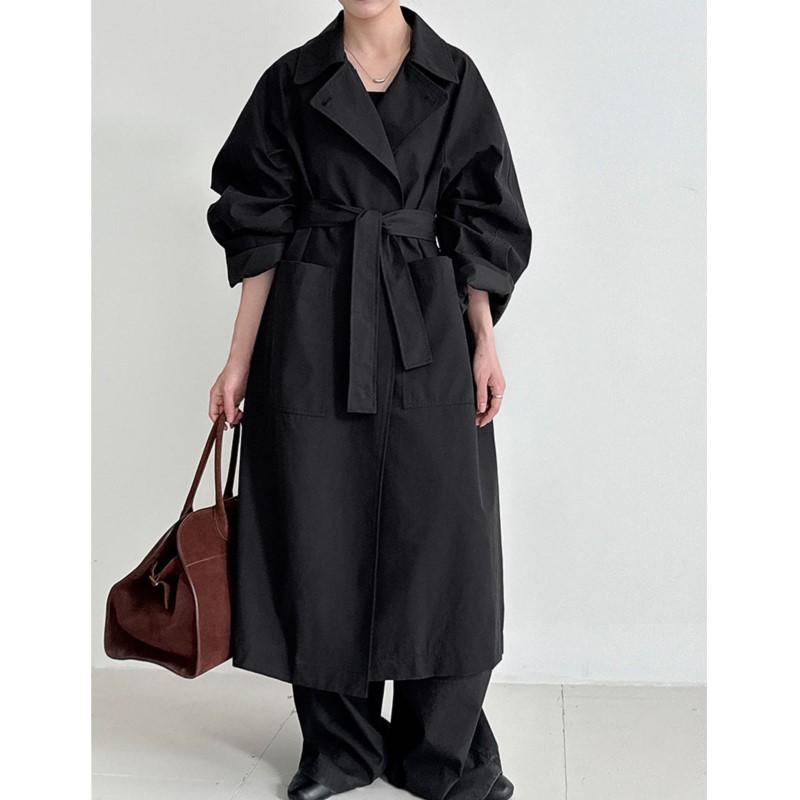 

Johnature Ретро Свободный Тренч с Большим Карманом для Женщин Осень Корейский Стиль Повседневный Лацкан Завязка на Талии Универсальные Пальто L чёрный