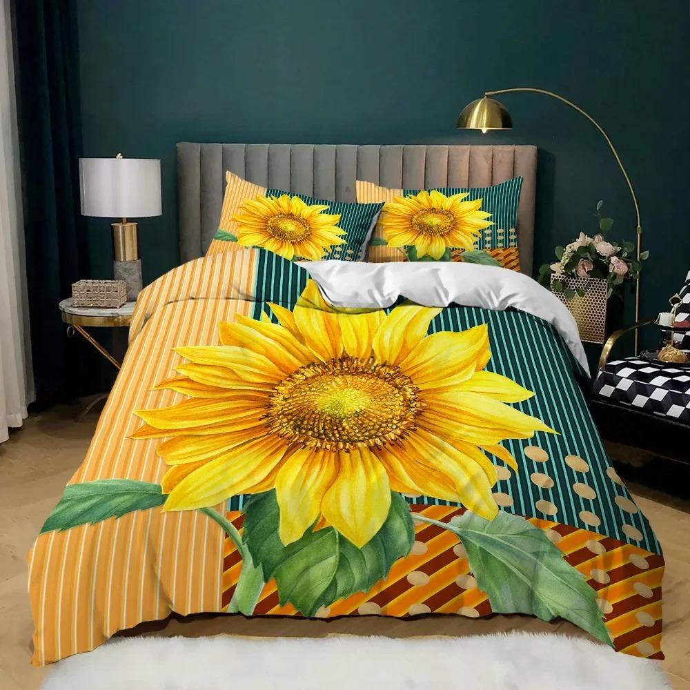 Sunflower Cow Bedding Set Kids Yellow Floral Cattle Duvet Cover King/Queen Size for Girls Teens,Western Bull Decor Quilt Cover