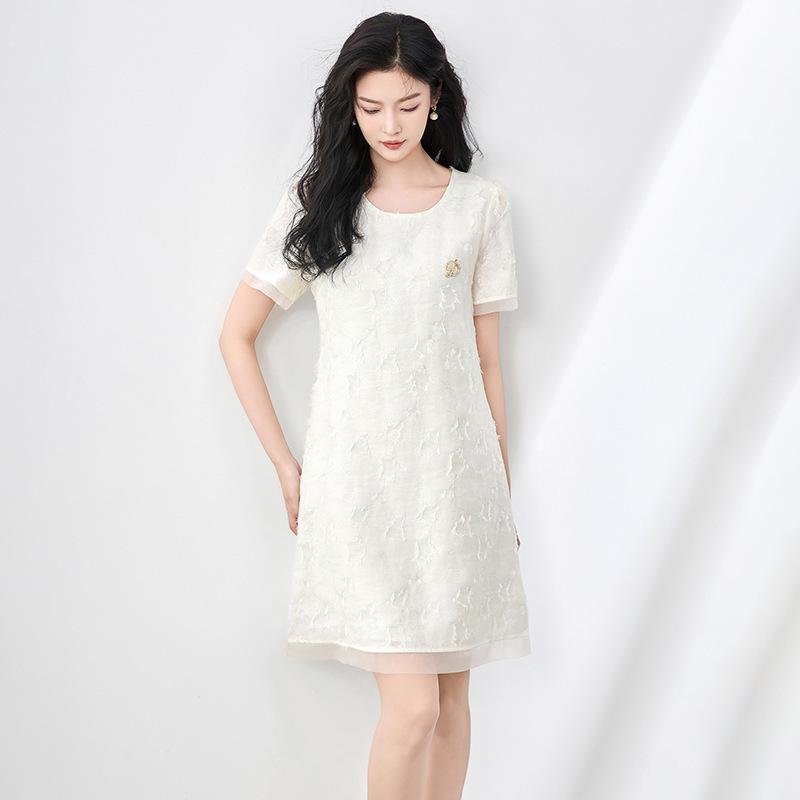 Women's Summer Mesh Jacquard Cut-Out Dress with Round Neck