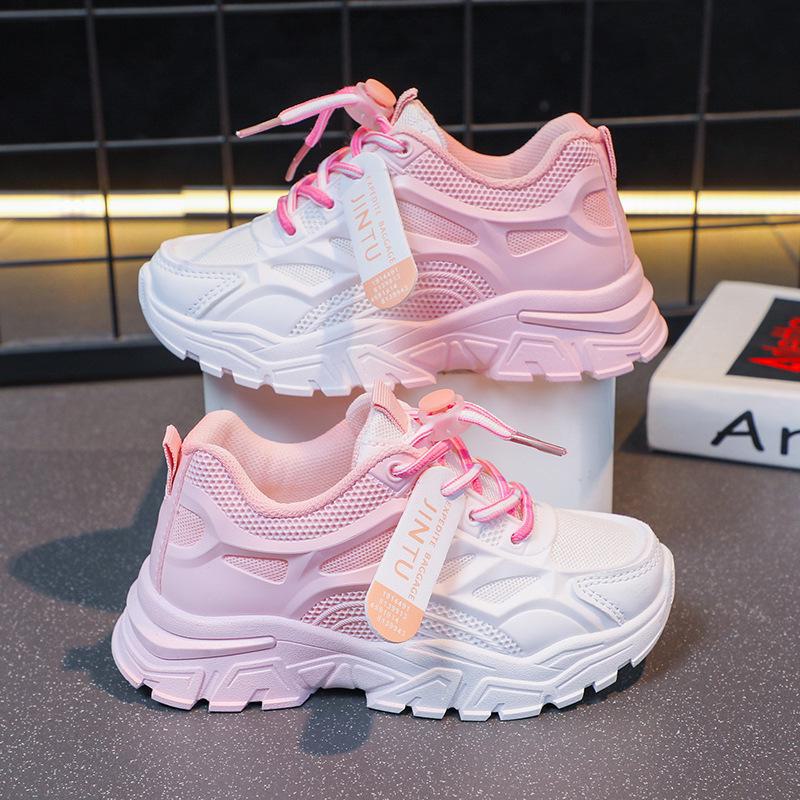 

2023 Summer Girls Breathable Mesh Running Shoes - Soft Sole, White, Korean Style 27 рожевий