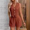 Women 2 Piece Outfit V Neck Sleeveless Button Vest High Waist Pocket Shorts Summer Linen Suit