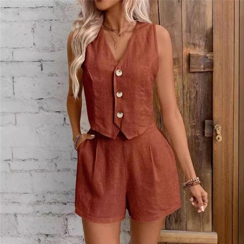 Women 2 Piece Outfit V Neck Sleeveless Button Vest High Waist Pocket Shorts Summer Linen Suit
