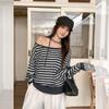 Long Sleeve Oversized Knitted Sexy Off the Shoulder Stripe Casual Loose Spring Autumn T Shirt Tops Women T-shirt