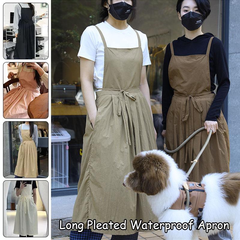 Long Lightweight Waterproof Apron with Pockets for Beauty Salon Nail Oil-proof Pleated Women's Kitchen Apron Anti-hair Pet Apron