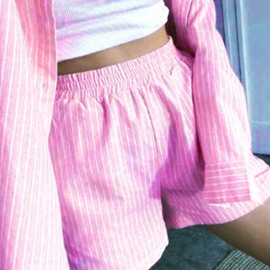 Damen-Outfit, vertikale Streifen, hohe Taille, zweiteiliges Langarm-Revershemd, Taschen, Shorts für Party