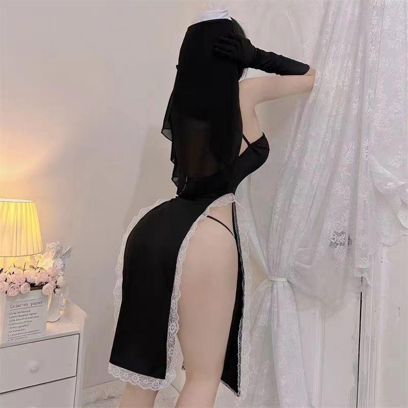 Schwester-Uniformen, Cosplay, sexy Versuchung, dünn, V-Ausschnitt, necken, erotisches Kostüm, Tanga, dreiteiliges Set