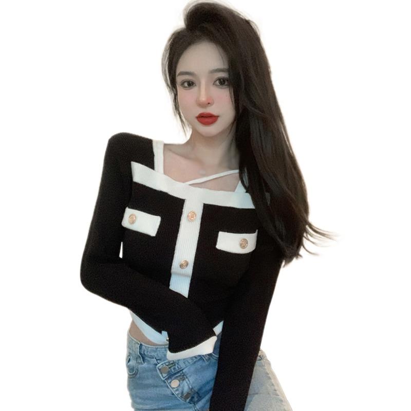 

Женский укороченный топ, облегающий, шикарный и элегантный, сексуальная базовая рубашка, длинный рукав, сексуальный топ, квадратный вырез, вязаный свитер