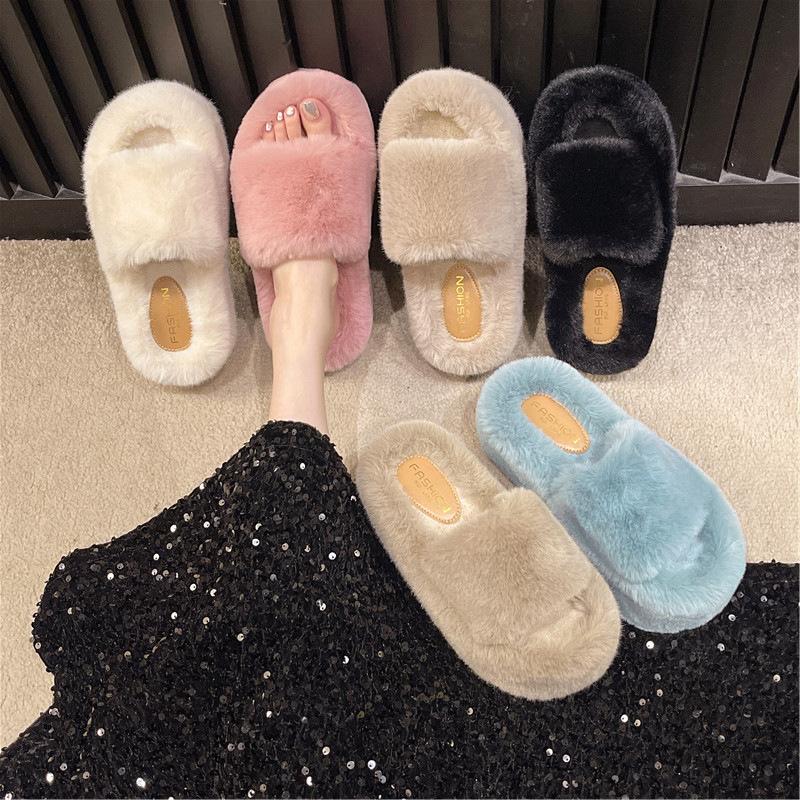 Internet Celebrity One-word Fluffy Slippers Women 2025 Autumn and Winter New Popular Versatile Thick Bottom Heightening Plush Cotton Drag Outside Wear
