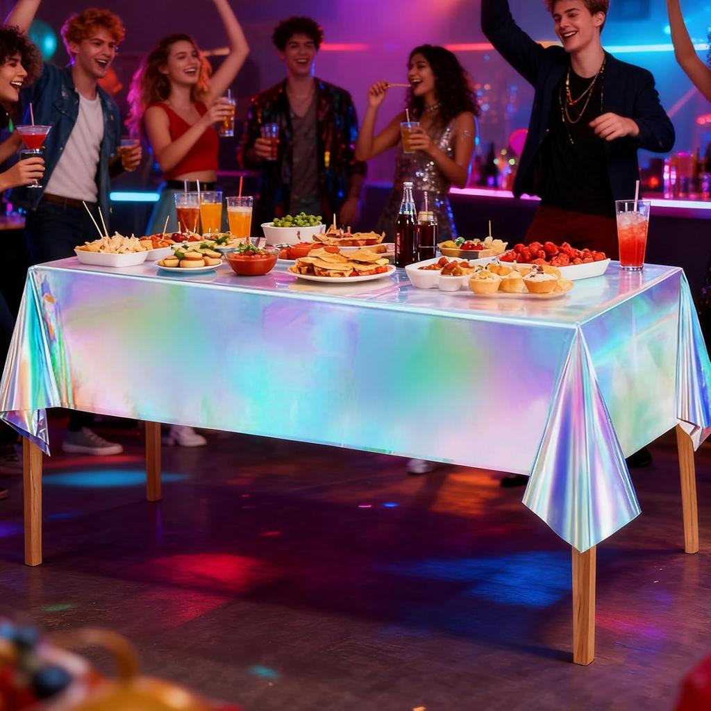 MUSSIN 3 Pack Iridescent Plastic Tablecloths, Shiny Rectangle Disposable Table Covers Iridescent Party Decoration 54" x 108"
