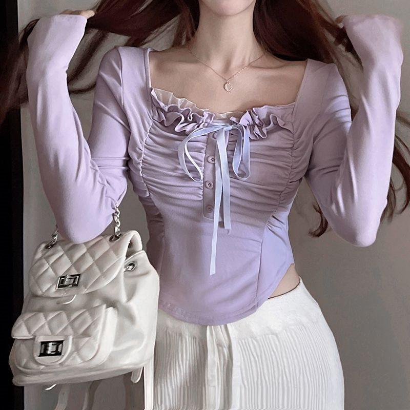 Oversized T Shirt For Women With Embroidered Details And Mandarin Collar For Autumn Winter Casual Wear