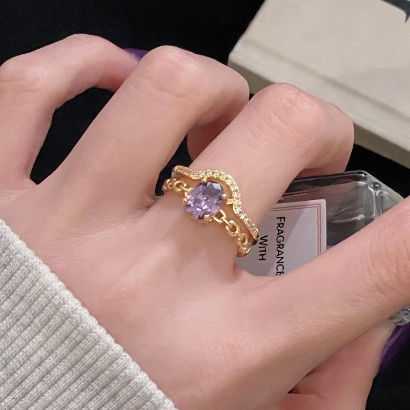 Retro Purple Diamond Colored Treasure Zircon Medieval Brushed Open Ring Gold Light Luxury High-End Niche Accessories Women