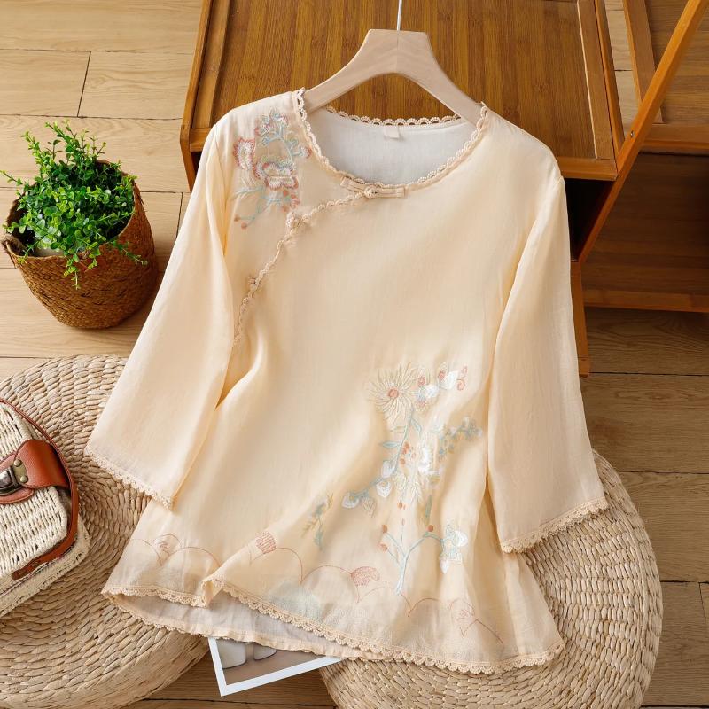 Women's Green Linen Blouse Chinese Style Frog Button Floral Embroidery 3/4 Sleeve Casual Top