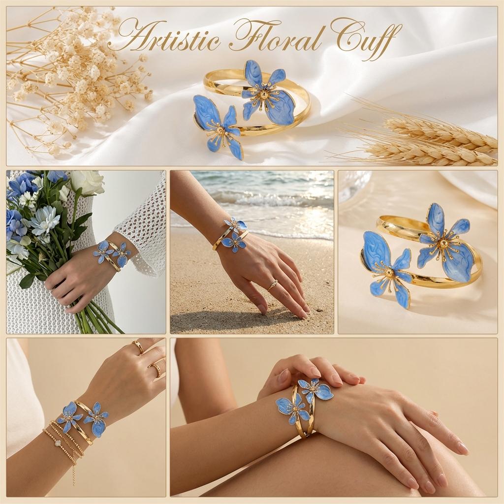 Elegantes Emaille-Blumen-Offenmanschettenarmband für Damen, Metall Goldbeschichtet, Rosa Weiß Blau, Florale Armreifen, Strandparty Urlaubs Schmuck