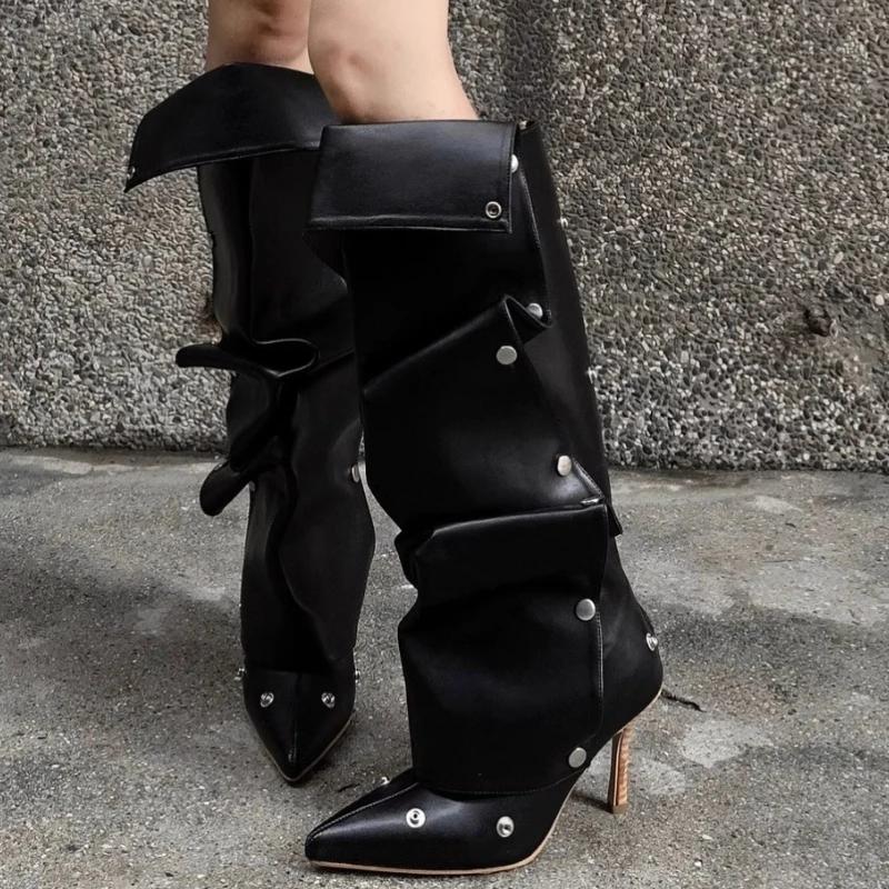 Designer Women Boots Fashion Pointe High-heel Boot Pleated Design Knee-high Boots Trouser Leg Boots for Women Botas Largas Mujer