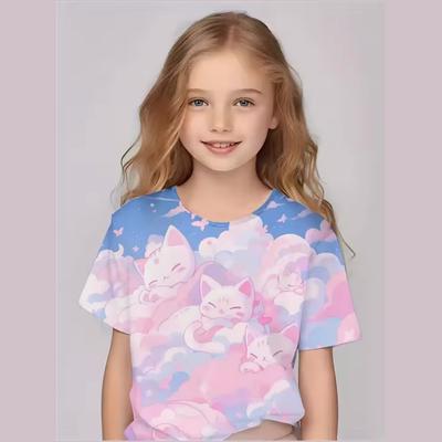 3D Printed Cute Cat Pattern T-shirt for Girls' Clothing, Children's Clothing Top, Kawaii Girls' Summer Outdoor Short Sleeved Shirt, Children's T-shirt