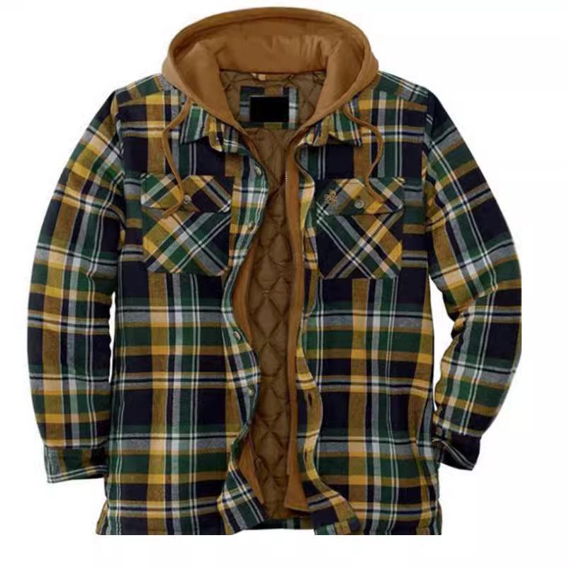 Men's Plaid Hooded Cotton Jacket: Thick, Long Sleeve, Loose-Fit for Autumn/Winter