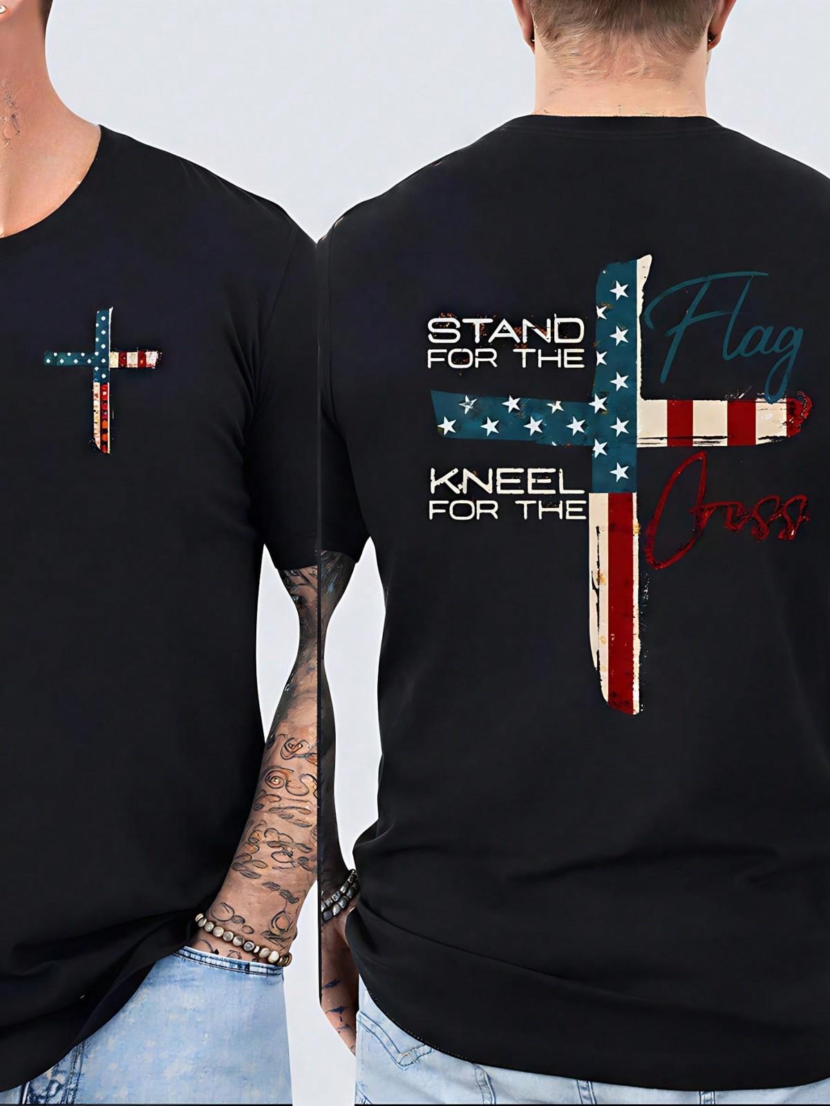 Patriotic Christian Faith T-Shirt, Stand For The Flag, Kneel For The Cross L