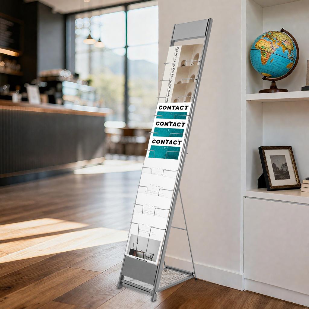 10-Tier Iron Magazine Rack Floor-Standing Heavy-Duty Literature Display Stand 110LBS Load-Bearing Foldable for Office/Bookstore