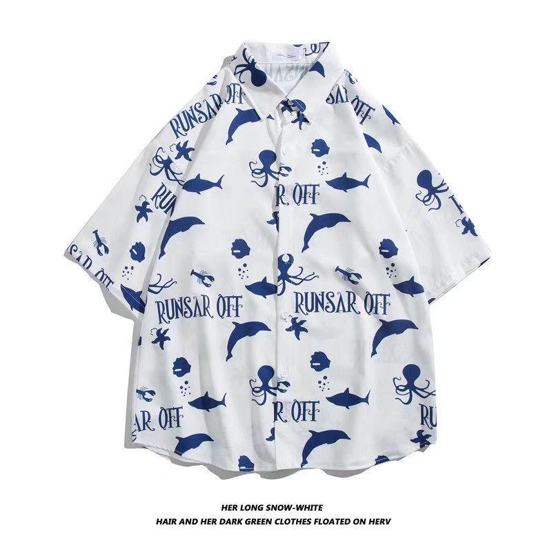 Handsome Pirate King Luffy Graffiti Short Sleeve Men's Trendy Loose Summer Shirt