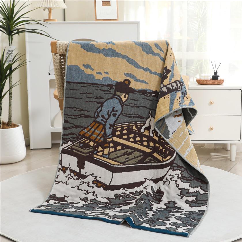 China Colored Jacquard Pure Cotton Four-Layer Gauze Bath Towel Men Women Extra-Large Adult Beach Towel Soft Absorbent