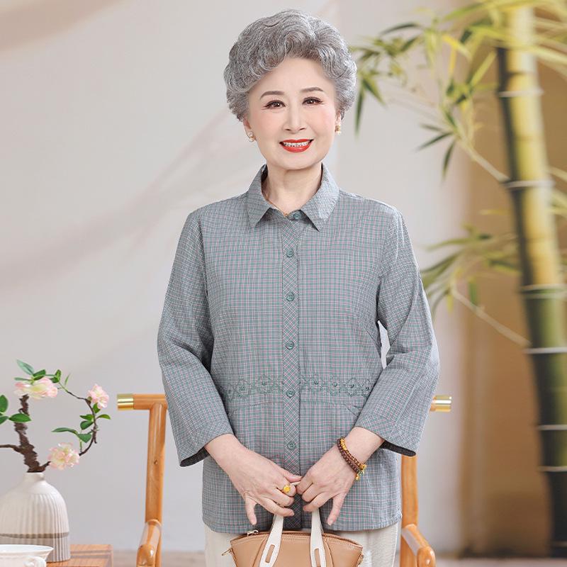 Vintage 60s-80s Grandma Cotton Blouse: Spring/Summer Seven-Sleeve Top for Elderly Women