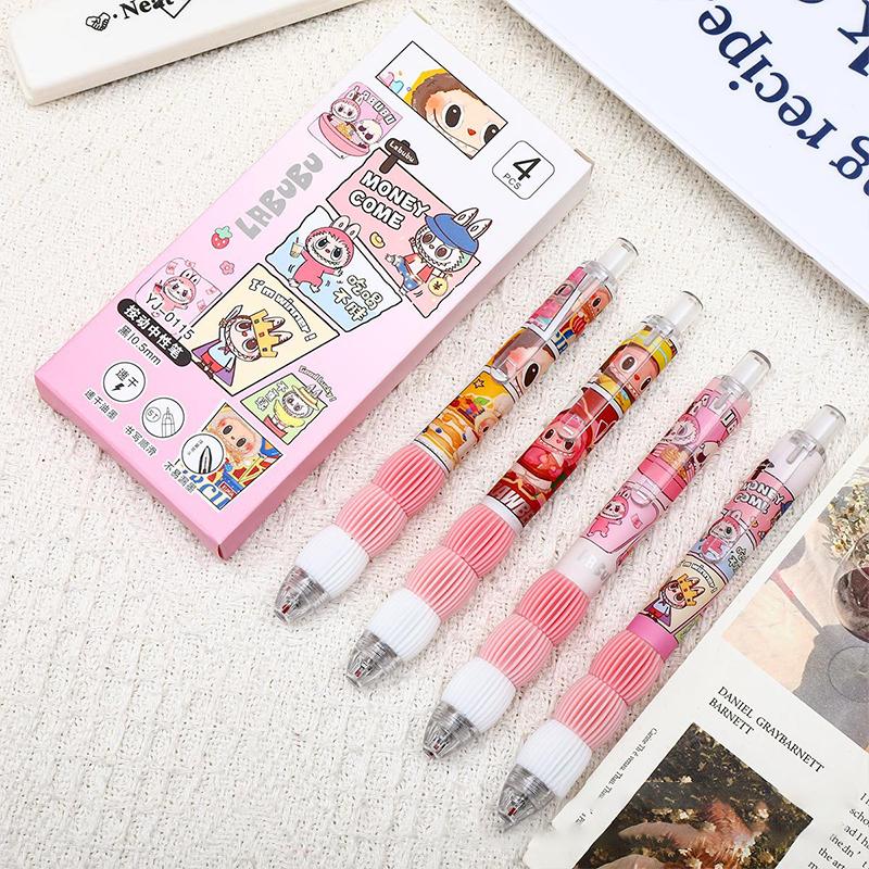 

4 шт./коробка Кавайная гелевая ручка с нажимным механизмом для письма 0,5 мм Мультяшная ручка с черными чернилами