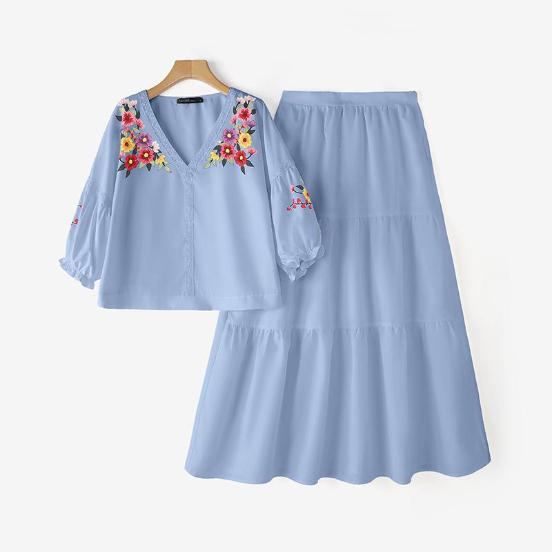 

ZANZEA Женский повседневный костюм-двойка: блузка с рукавом 3/4 и юбка с цветочным принтом