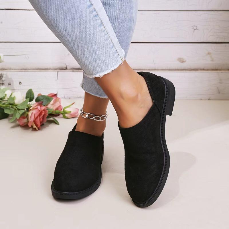 Wildleder Einzelmode Runde Spitze Tiefer Ausschnitt Weiche Sohle Rutschfest Blockabsatz Niedrige Schuhe