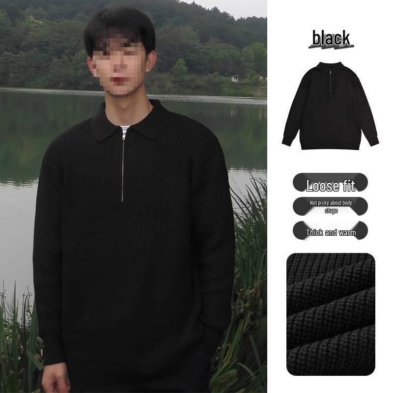 

Korean High-End Men s Woolen Sweater: Lapel Half-Zip Long Sleeve Knitted Shirt for Autumn/Winter M (115-125 lbs) чорний