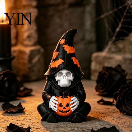 Atmospheric Entrance Decorations Halloween Skeleton Wizard Figurine, 3D Printed Gothic Statue with Mysterious Bookshelf Ornaments Pumpkin& Bat