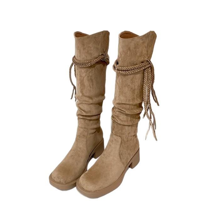 Soft Leather Version~ Thick-soled Boots Female Waste Retro Style Knight Boots Frosted Fringed Hemp Rope Casual Thick Heel Medium Boots